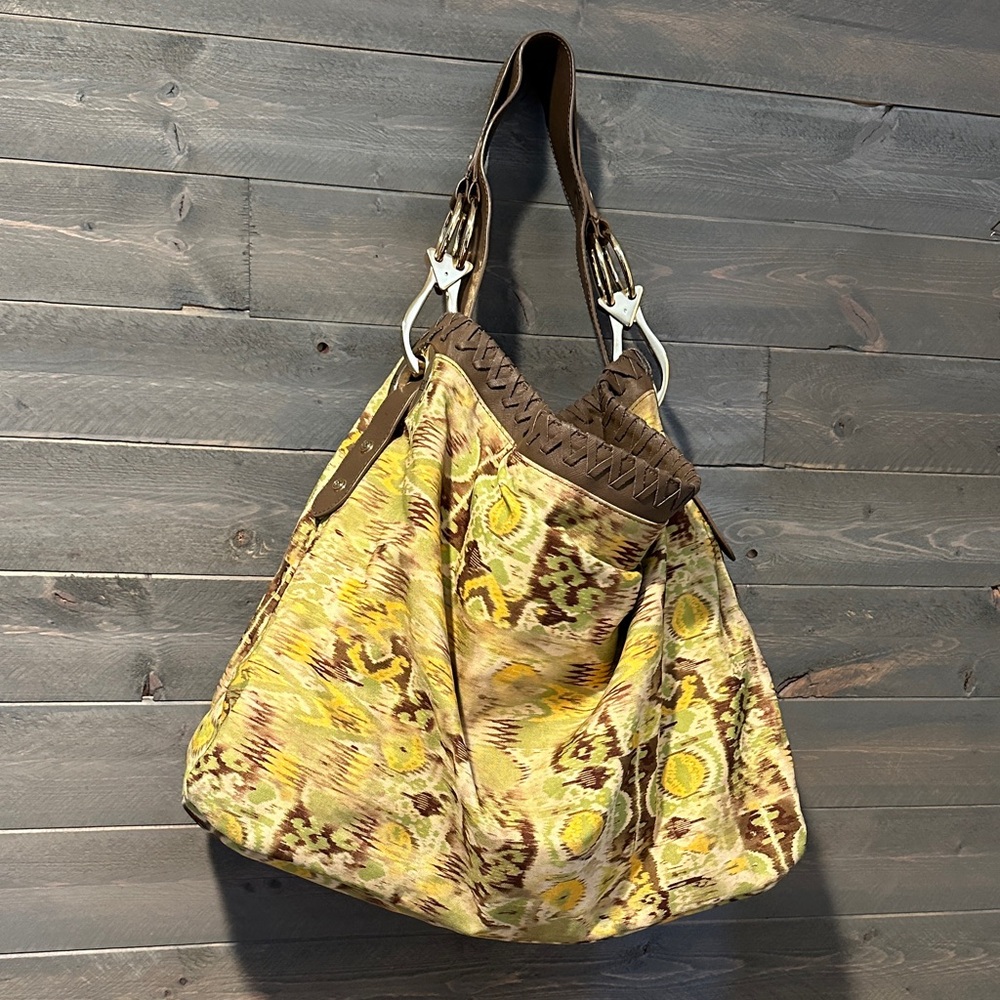 JPK Paris 75 Hobo Bag • Large Brown and Yellow Tribal Patterned Tote • EUC